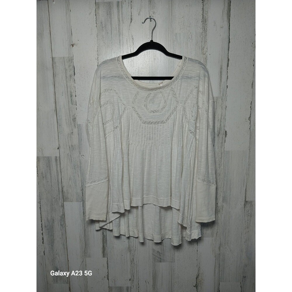Free People Cream Boho Lace Trim Long Sleeve Top